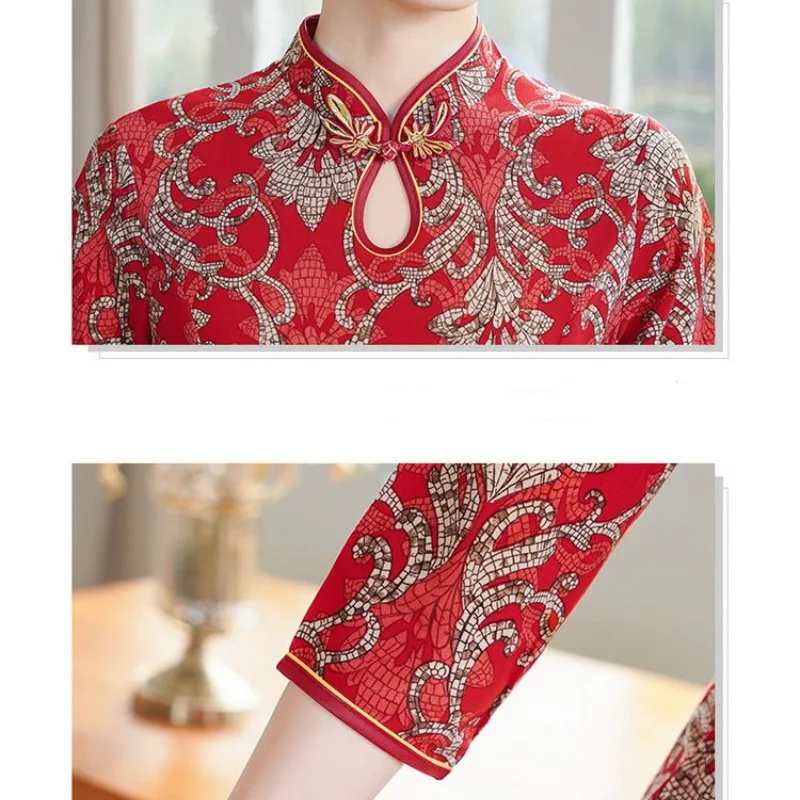 Chinese Style Summer Women's 2024 New Patchwork Stand Collar Printed Fashion Slim Minimalist Comfortable Half Sleeves Dresses