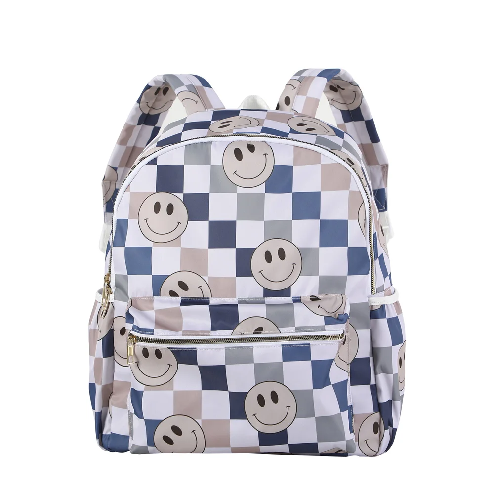 Floral Nylon Backpack For Kids Checker Plaid Smile Back To School Large Capacity Light Weight Book Bag For Teens