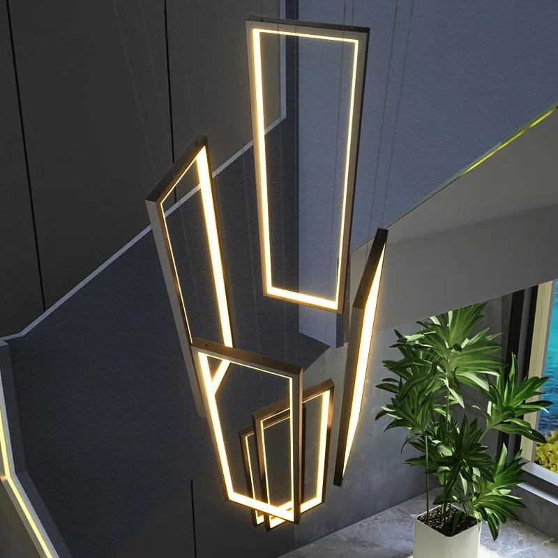 Stair long chandelier Modern LED Minimalist creative rectangular villa duplex chandelier Nordic luxury loft living room Lamps