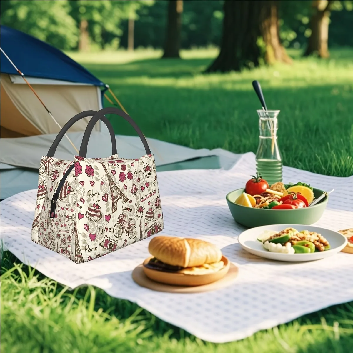 Eiffel Tower Floral & Parisian Motifs Insulated Lunch Bag for Home, Office, Outdoor Perfect Gift for Birthdays, Holidays