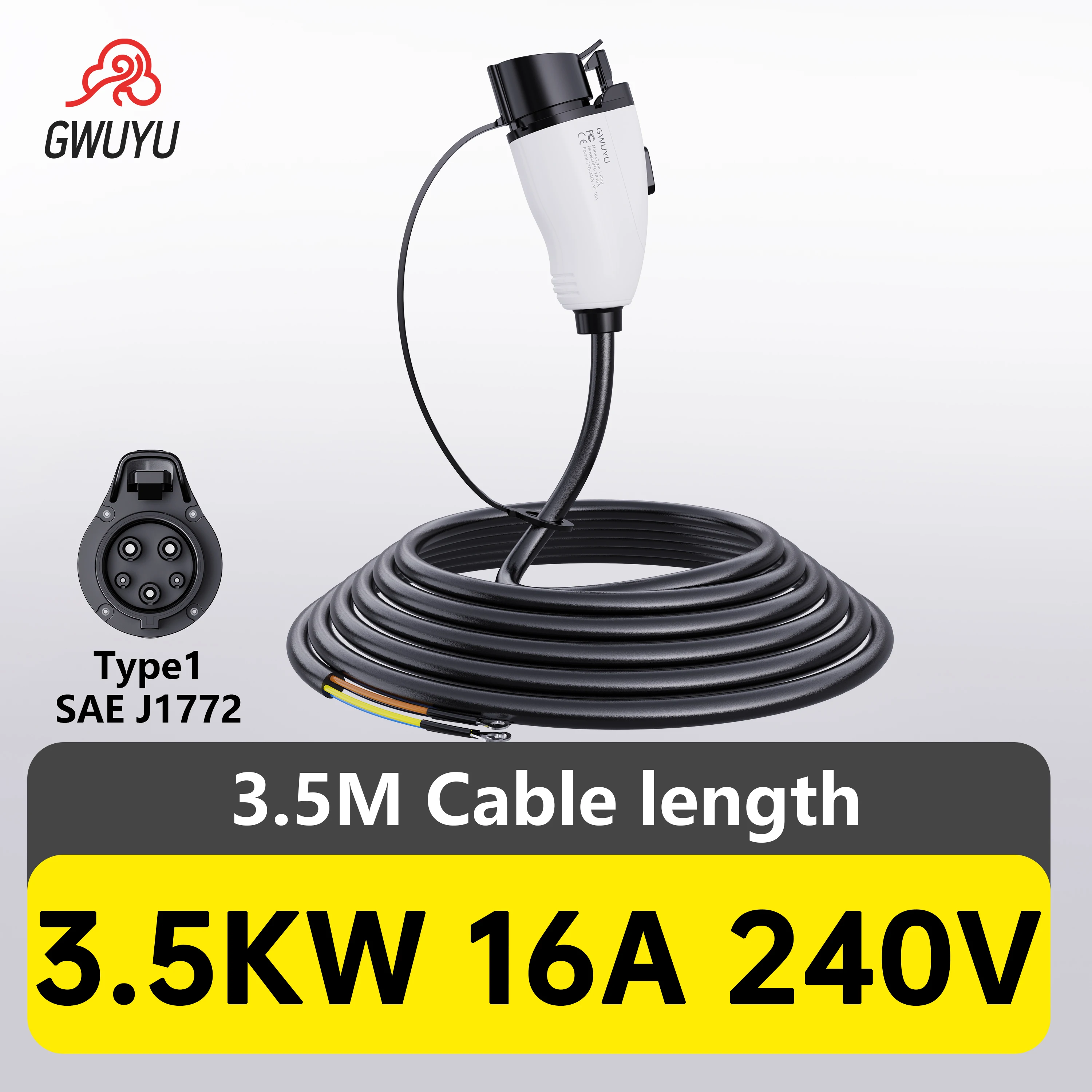 GWUYU EV Charger Type1 with 3.5M Cable 240V 16A3.5KW/32A7KW J1772 Single Head Female to Open Wire for Electric Vehicle Charging