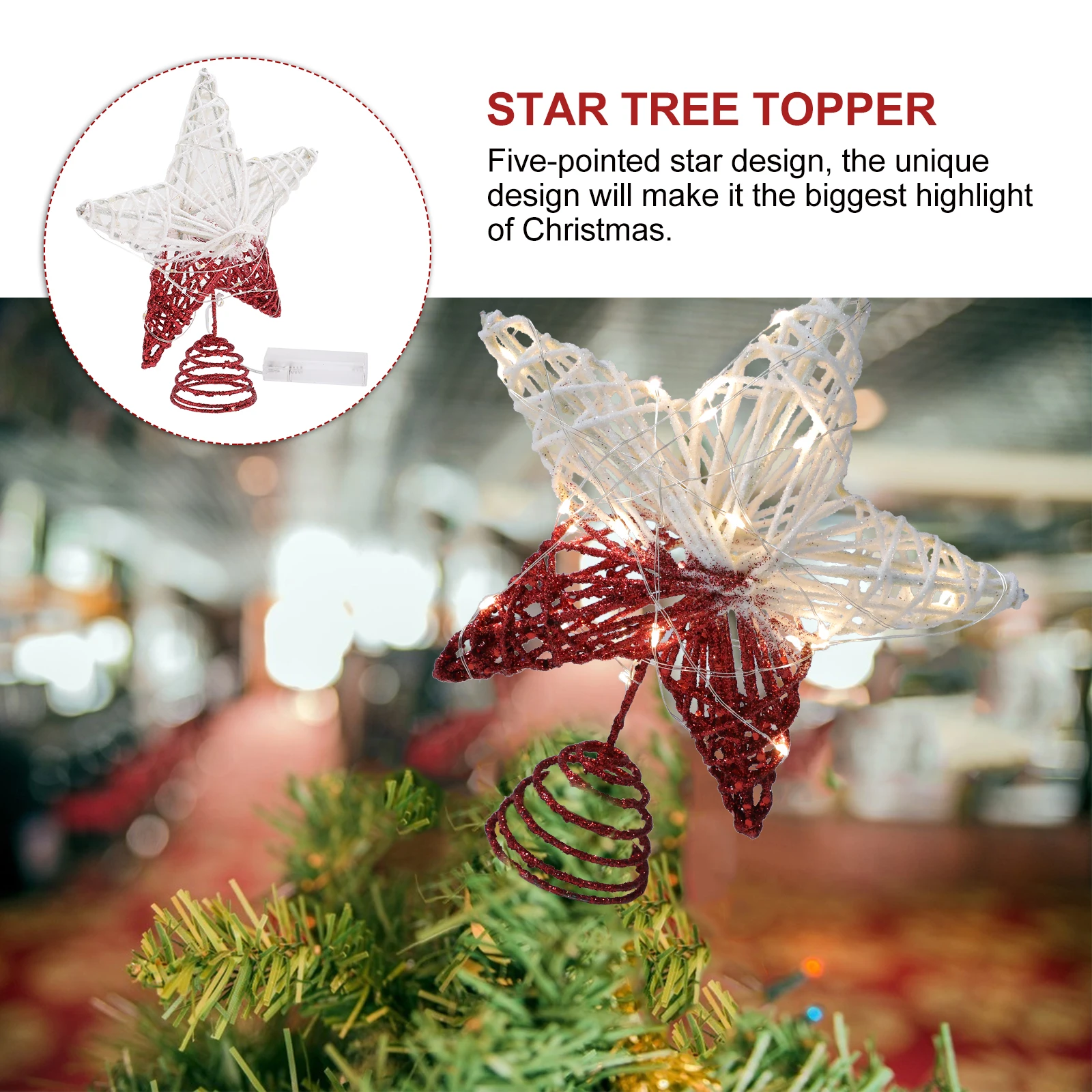 

Christmas Tree Topper Star Hollow Iron Material Shiny Powder Coated Xmas Decoration Operated LED String Lights Tree