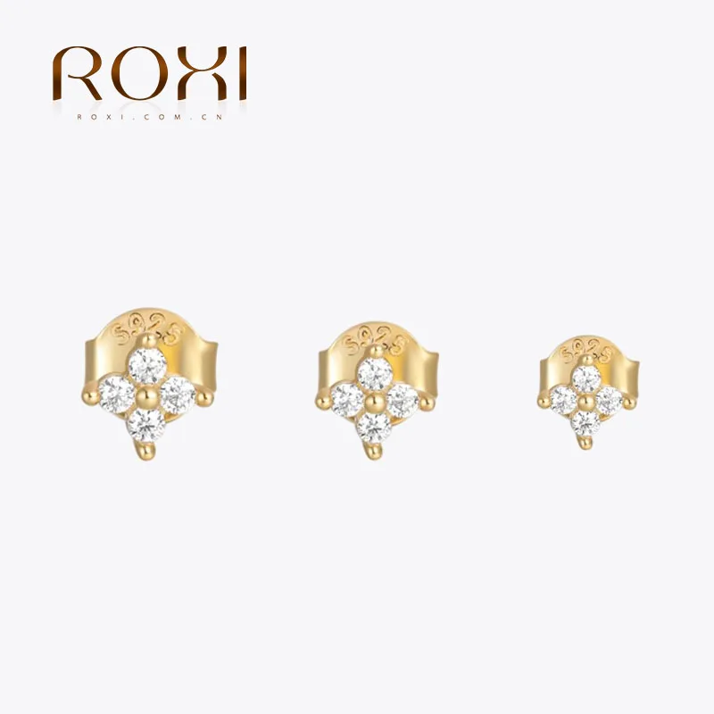 ROXI S925 סטרלינג כסף עגיל סט פרח מעוקב זירקון 3 חתיכות עגילי עבור נשים בני נוער 3/4/5mm אוזן פירסינג תכשיטי חתונה
