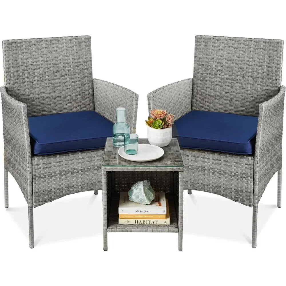 Outdoor Wicker Conversation Bistro Set, Space Saving Patio Furniture for Garden w/Side Table