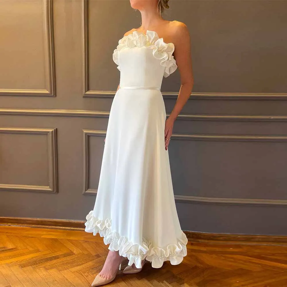 Anniversary Midi Wedding Dresses Satin A-line Engagement Dress Ivory Strapless Ruffles Pearls Modern Wedding Party Gown 2025