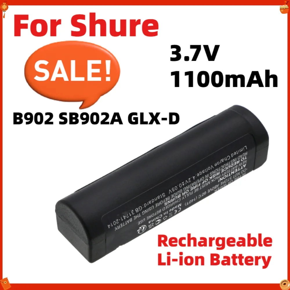 Replacement 3.7V 1100mAh Li-ion Battery for Shure SB902 SB902A GLX-D Wireless System, Guitar Pedal & Microphone