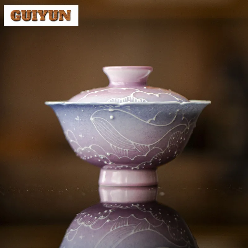 

100 мл Звездное небо, ручная роспись, фиолетовый Кит, Арта, фарфор Гавань, креативная чайная варенька, чайная чаша с крышкой, комплект чайника, крышка, чаша