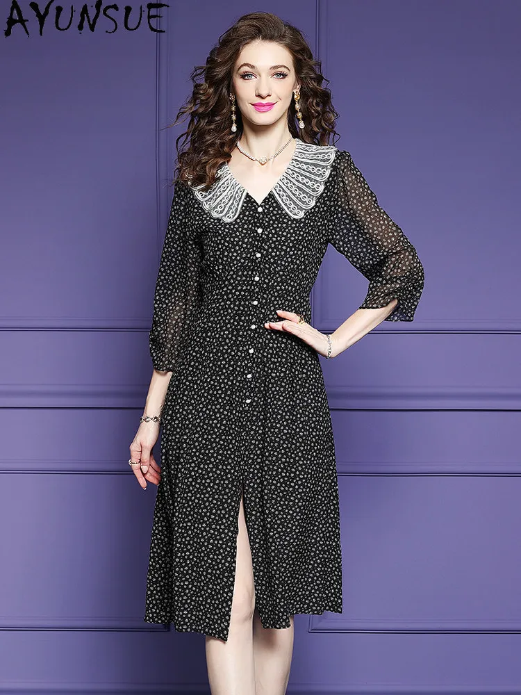 AYUNSUE 100% Real Mulberry Silk Elegant Dresses for Women Party Dress Summer Woman Clothes Fashion Long Dress Платье Женское