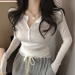 Thin T Shirts Women Elasticity Long Sleeve Woman Sexy V Neck Tops Slim White T-shirt Button Clothes Chemise Femme Summer 2023