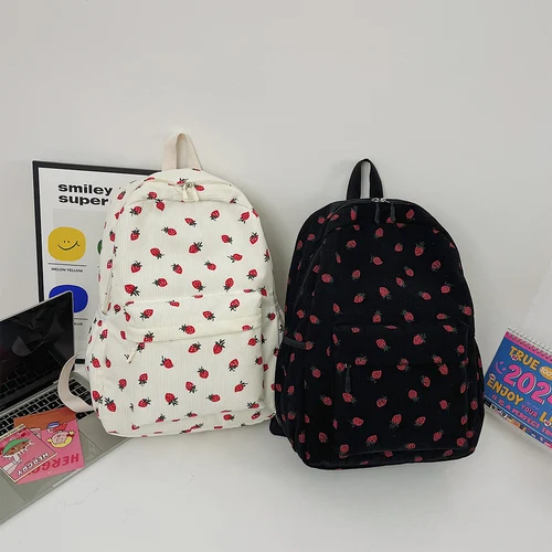 Imagen 2 del producto Mochila informal de pana y fresa para mujer y niña, morral de viaje de gran capacidad, con correa ajustable, a la moda, para adolescentes