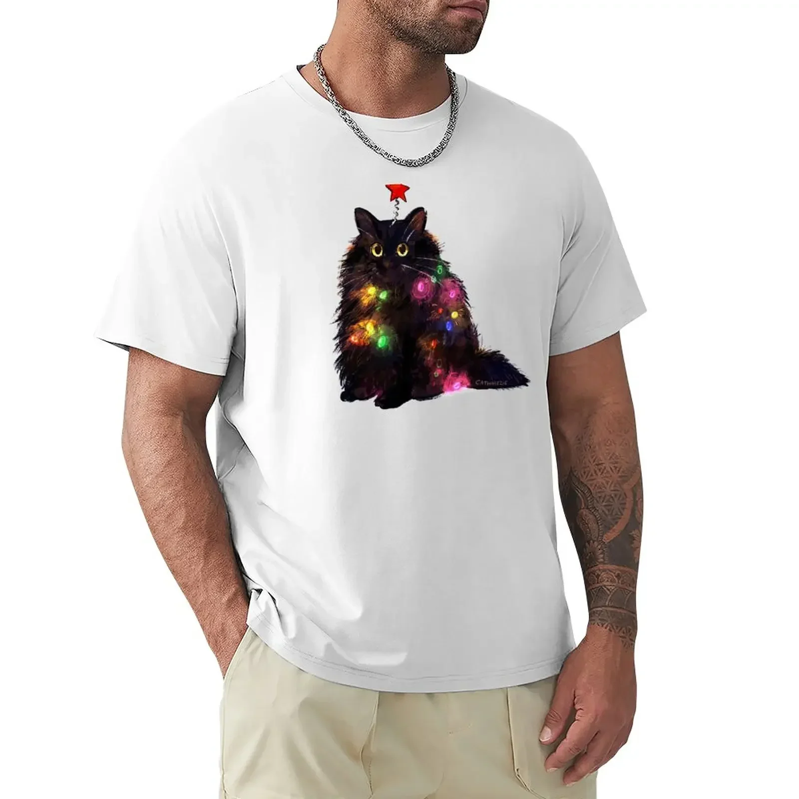 12 Day of Catmas Day 1: Christmas Lights Black Cat T-Shirt anime figures cotton graphic tees Men's t-shirts