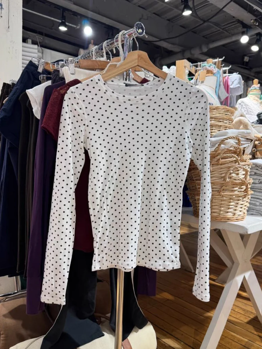 Polka Dot White Slim T-shirts Woman Autumn Cotton Round Neck Long Sleeve Tee Tops Female Casual Sweet Preppy Style Tshirts New