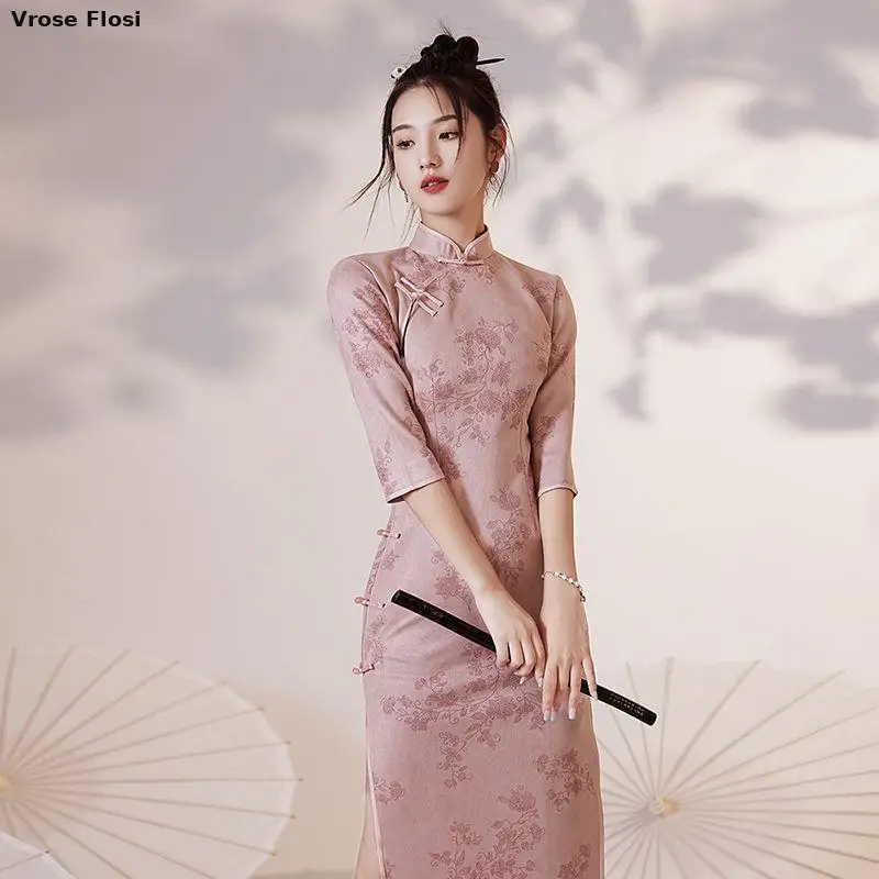 

Cheongsam Qipao Chinese Dress Modern Pink Improved Cheongsam Retro Evening High-end Dress Cheongsam Elegant Floral Women Dress