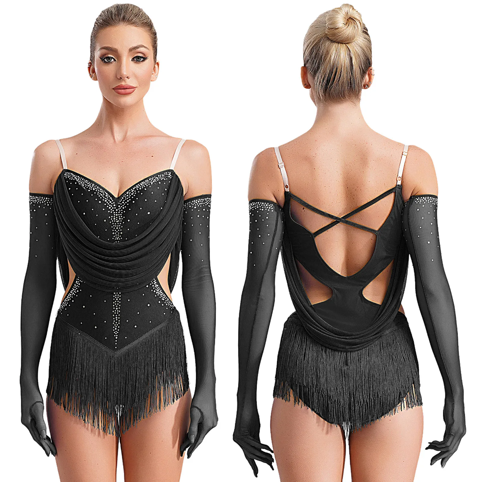 Women Tassel Latin Dance Leotard Dress Rhinestones Backless Fringed Bodysuit with Gloves Cha-Cha Tango Salsa Rumba Dance Outfits