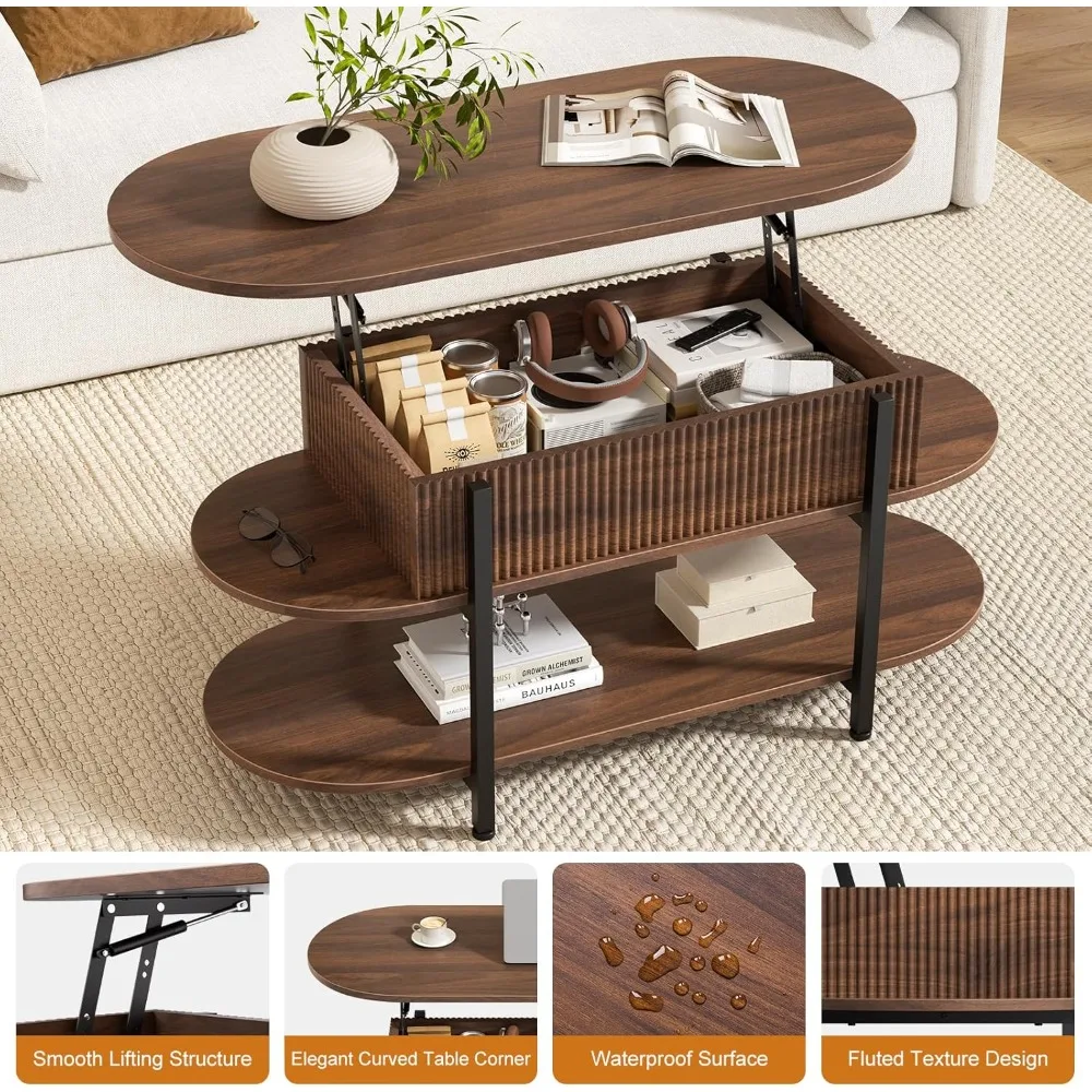 Modern Oval Coffee Table with Fluted Wood Center and 3-Tier Storage, Curved Edge Design