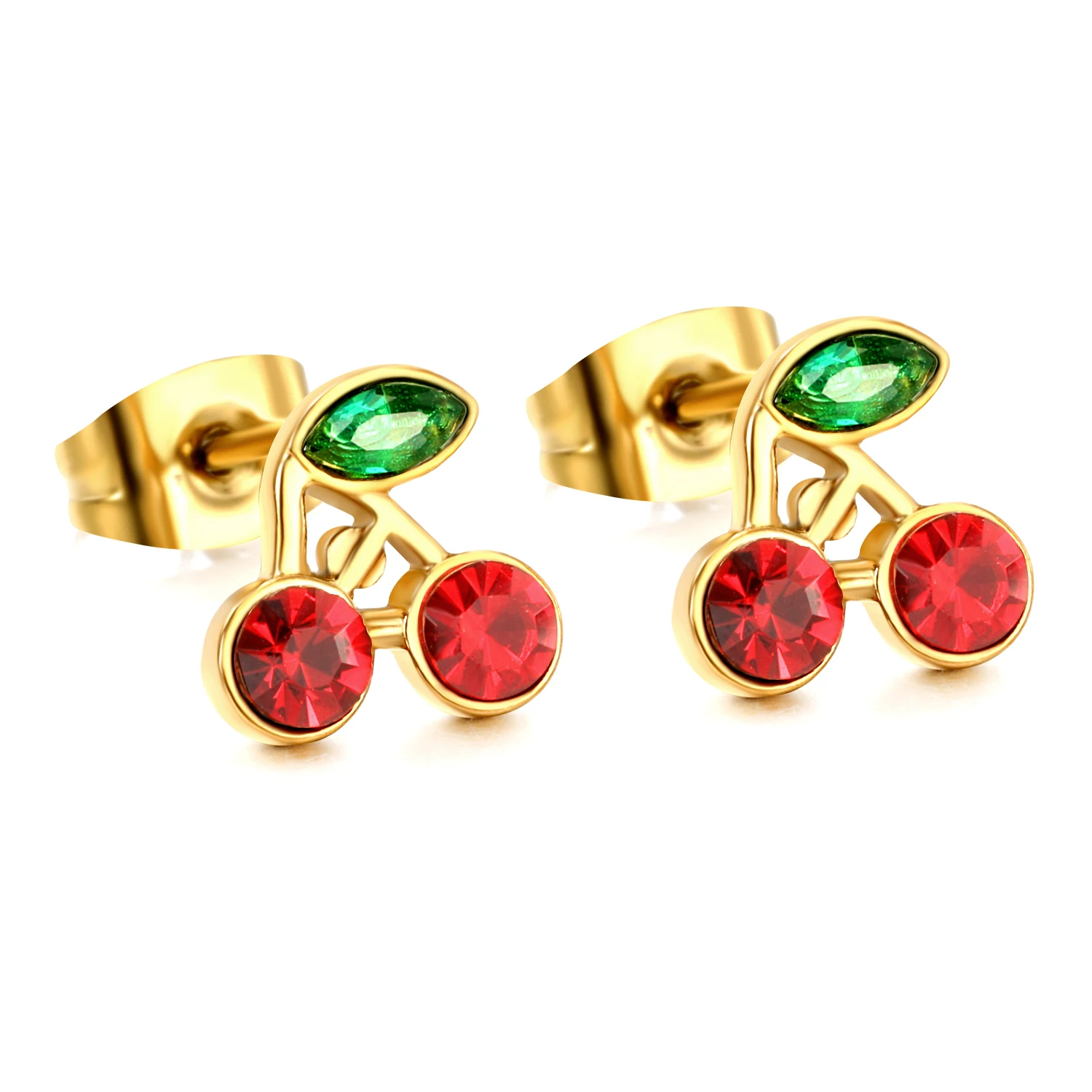3 Paar Edelstahl-Ohrstecker mit süßen, niedlichen Kirschen und grünem Zirkon, Sommer-Strandschmuck-Accessoires für Frauen und Mädchen – Detail 2