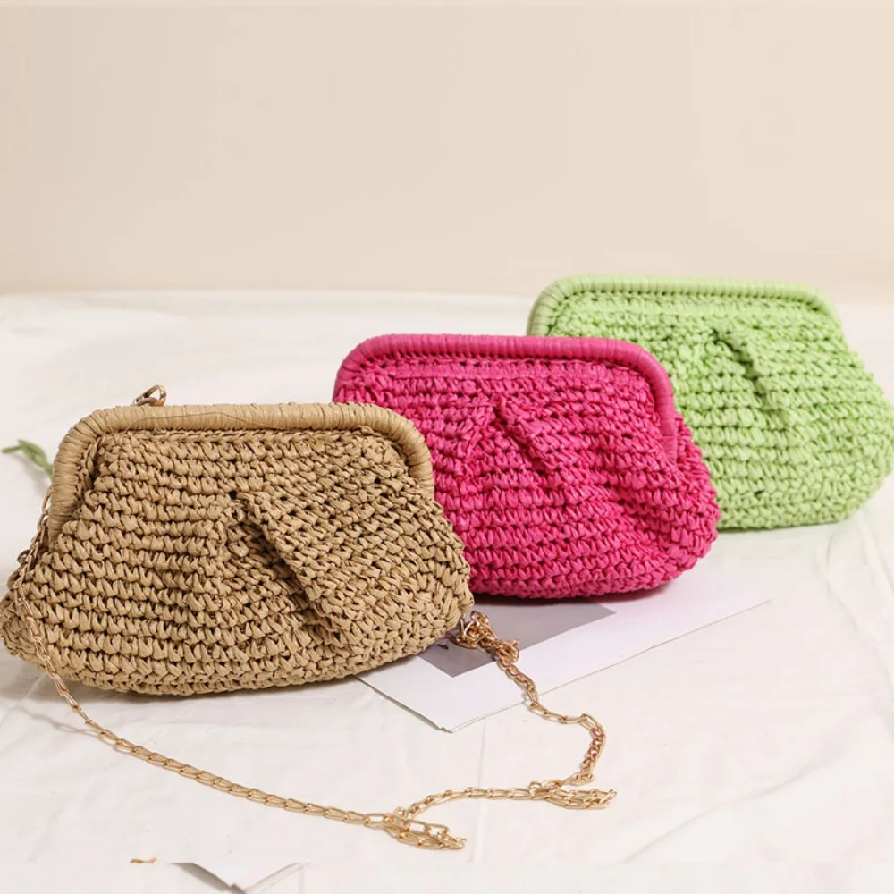 

Straw Cosmetic Clutch Purse For Women Cloud Dumpling Pouch Crossbody With Detachable Shoulder Strap Summer Beach Woven Bag