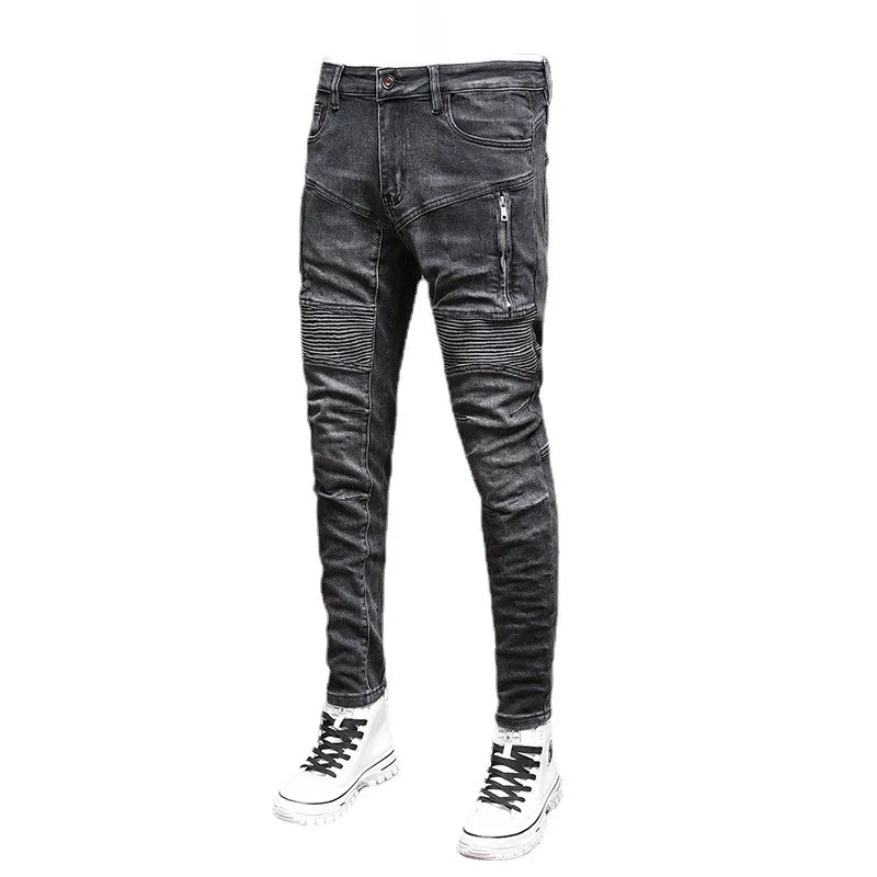 Street Fashion Men Jeans Retro Black Gray Elastic Slim Fit Spliced Designer Biker Jeans Homme Wrinkle Patch Hip Hop Pants Men