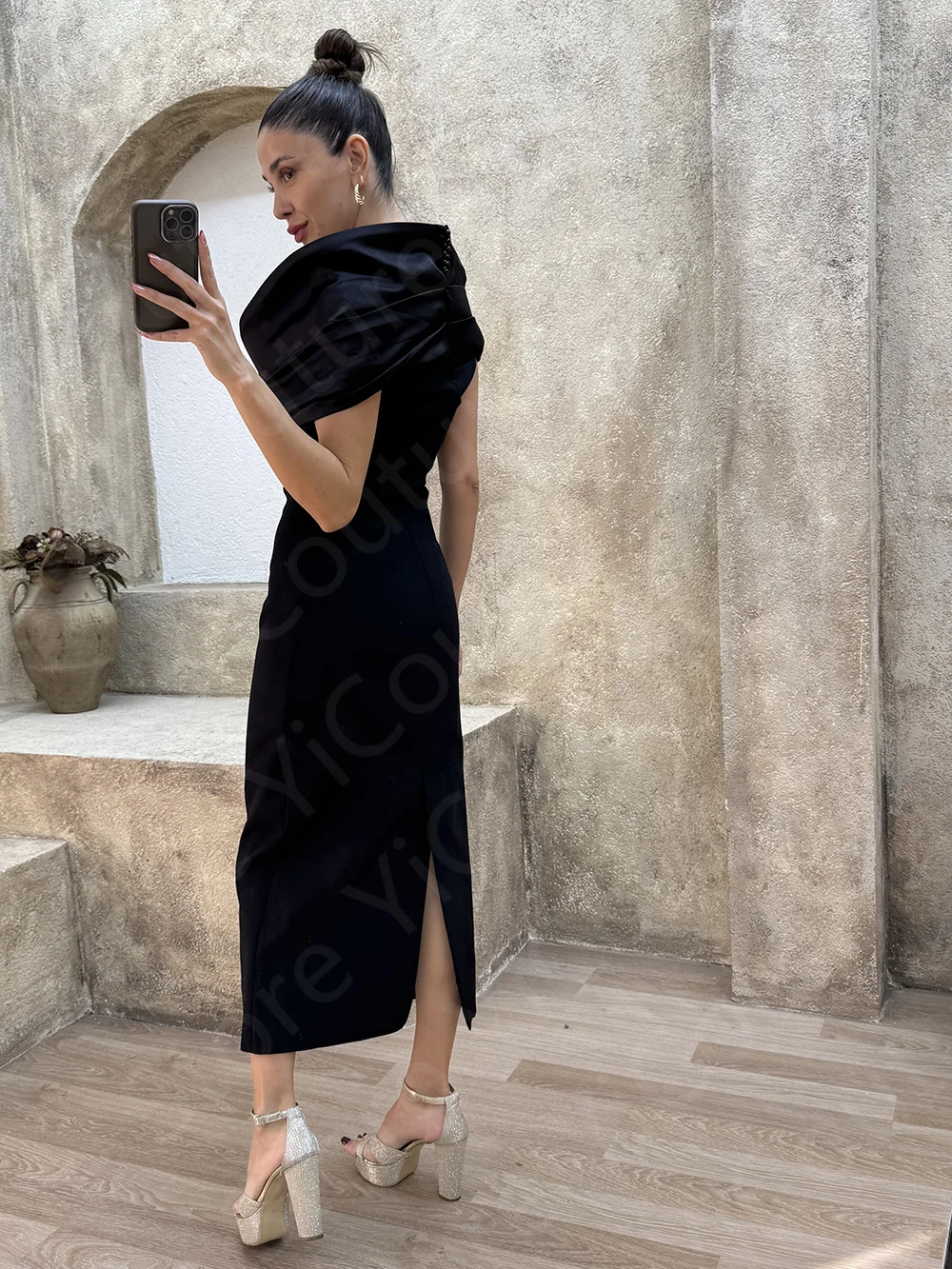 Modern Black Evening Dresses 2024 Off Shoulder Prom Gowns Mid Calf Length Wedding Party Dresses Short Back Slit Simple On Sale