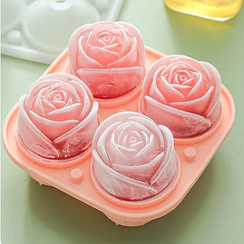 3D Rose Ice Molds 4 Holes Ice Cube Tray Mold Flower Shape Silicone 얼음 Mold Ice Ball Maker Bar 얼음 Cube Maker Tool