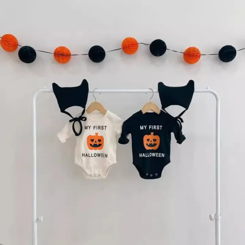 2024 Autumn Korean Baby Jumpsuit Set Ins Cartoon Pumpkin Print Baby Hoodie Halloween Festival Boys Girls Baby Romper Outfits