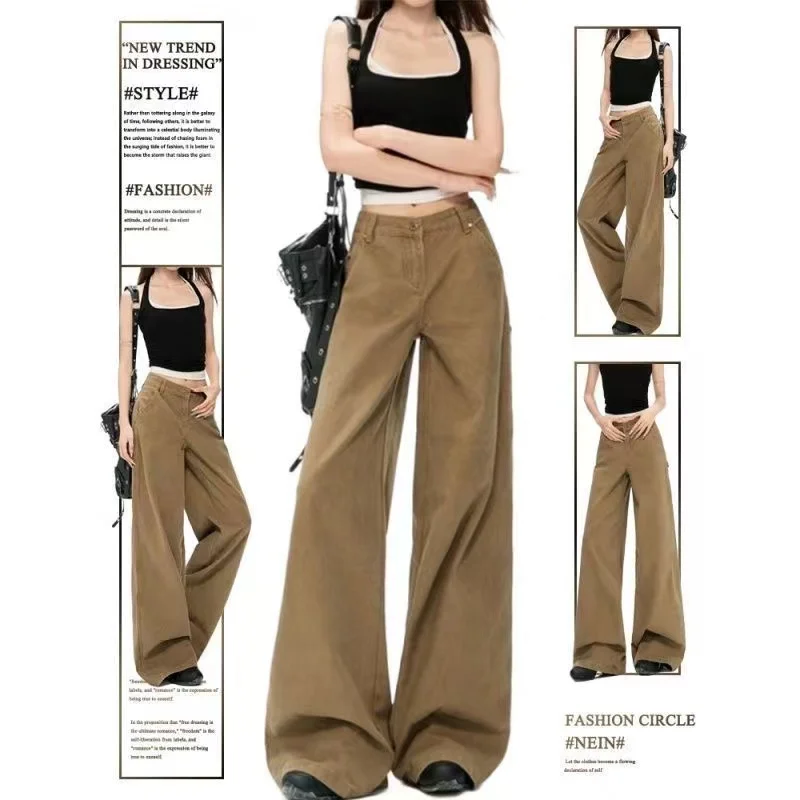 American Washed Loose Wide Leg Knife Edge Jeans Women's Spring Autumn New High Waist Loose Slimming Floor Length Pants