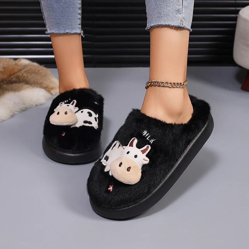 3D-Kuh-Plüsch-Hausschuhe für Damen, warme, flauschige Mules für den Winter, Mädchen-Freizeit-Hausschuhe, flauschige Fell-Slides, Unisex, weiche Plateausohle – Detail 12