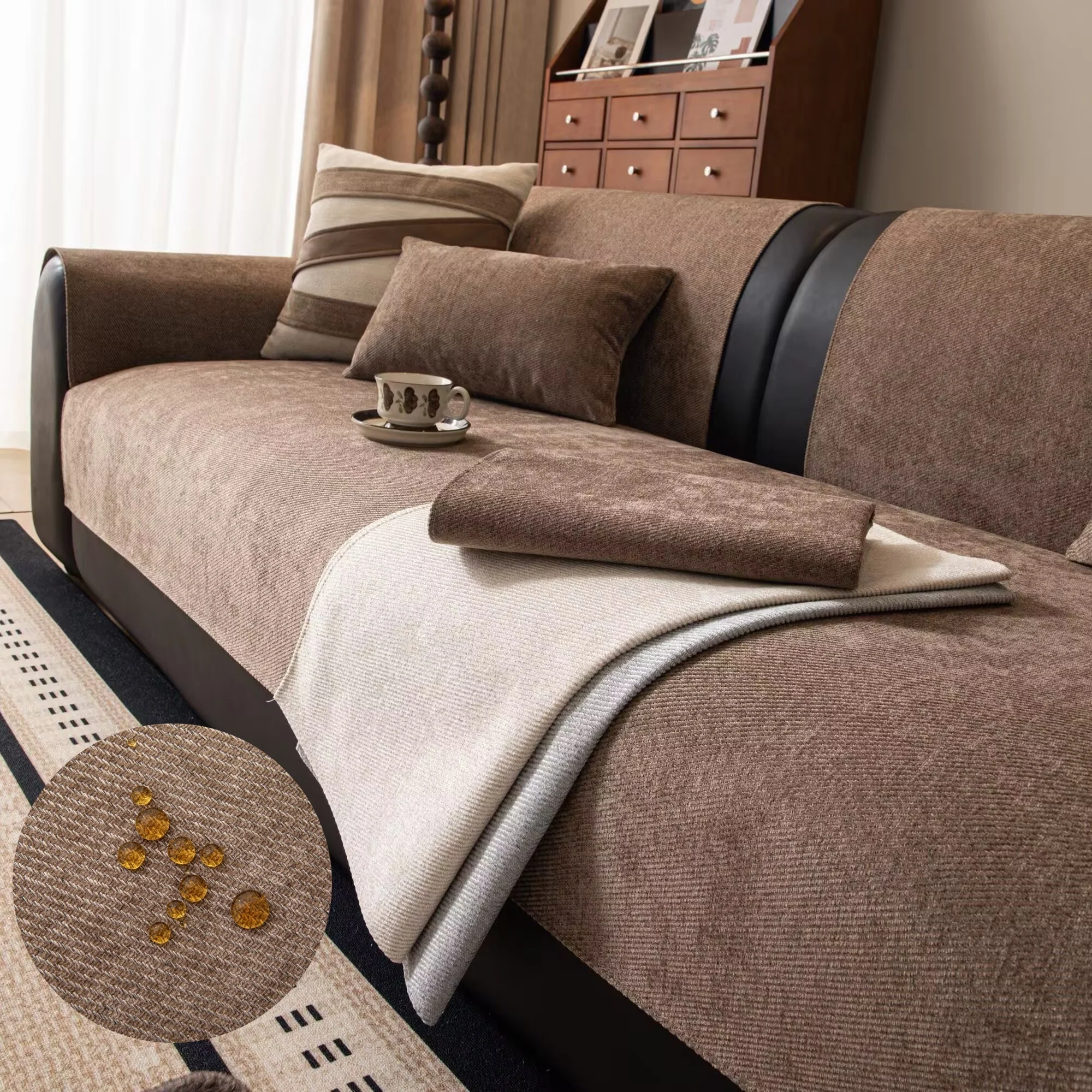 Solid Color Chenille Cat Scratch Resistant Sofa Cushion Non-slip Water&Urine Proof Seat Pads All-season Dustproof Sofa Cover