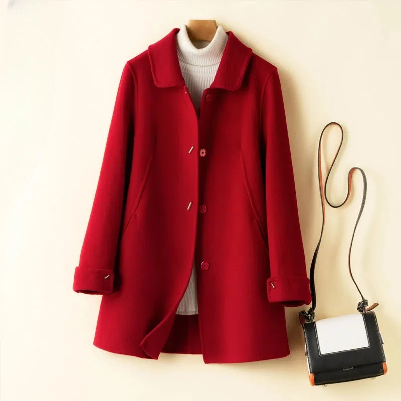 

2023 Autumn Winter New Women Double-Sided Cashmere Outwear Mid-Length Female Fashion Solid Color Single-Breasted Woolen Jacket