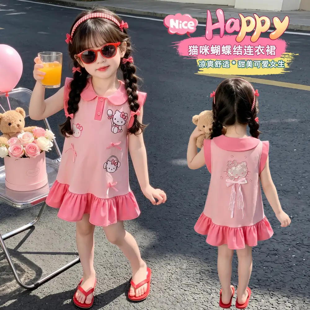 

Sanrio Hello Kitty Girls Cartoon Cotton Dress Summer New Polo Collar Skirt Princess Style Cute Skirt Children's Clothing Gift