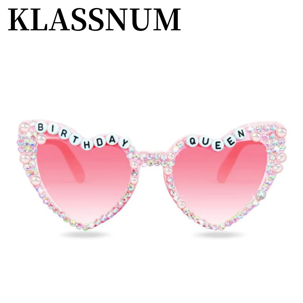 KLASSNUM Birthday Queen Pink Heart Sunglasses Men Women Fashion Bride Photo Props Beach Pool Birthday Party Supplies Decoration