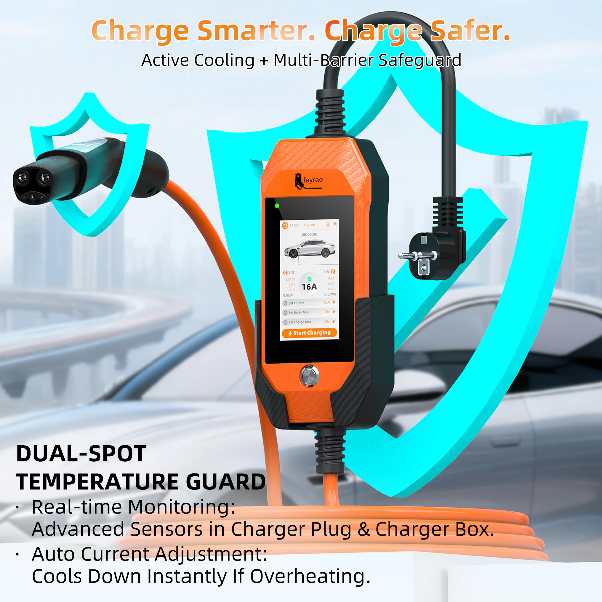 

feyree Portable EV Charger For Tesla 3.5kW 16A 1Phase 4.3in Touchscreen With WiFi APP Control with Box Holder For EV Car Charger