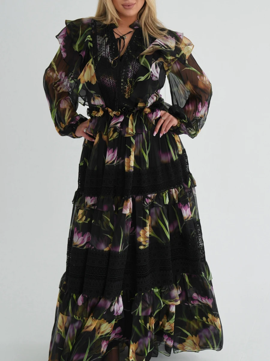 TWOTWINSTYLE Hit Color Printing Spliced Ruffles Casual Dresses for Women V Neck Long Sleves Sheer Patchwork Lace Dress Female