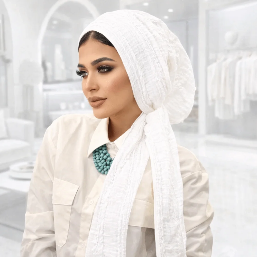 Adjustable Women Turban Hats Soft Stretch Long Tail Tie Solid Color Crinkle Hijabs Unicolor Polyester Wrinkle Headscarf