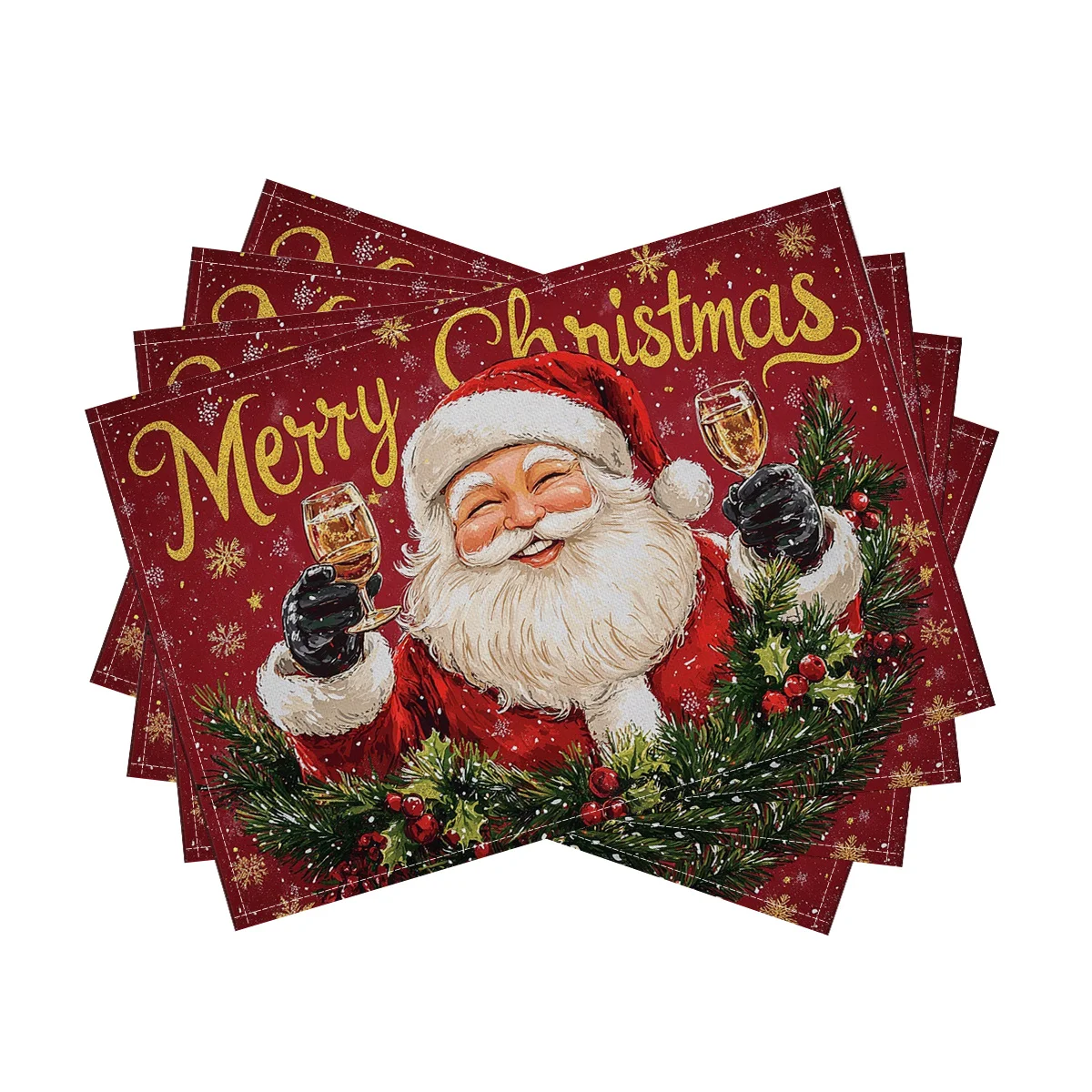 4pcs classic Christmas red and green color scheme Santa Claus image pattern polyester fabric, digital printing, placemat