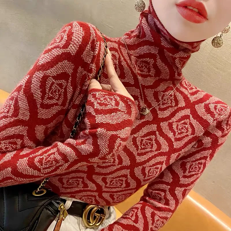 Women Clothing Slim Rose Knitted Turtleneck Vintage Sweaters Spring Autumn Long Sleeve Fashion Inside Pullovers Female Top