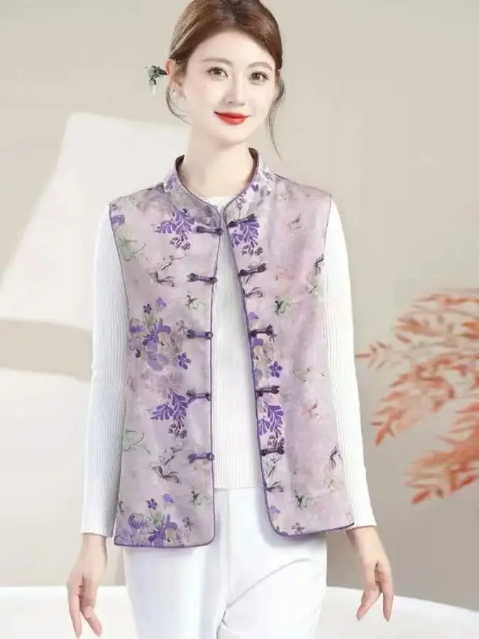 

New Chinese Style Women's Fashionable Jacket Tank Top Thin Outerwear with Button Design Spring Summer Polyester Standard Fit