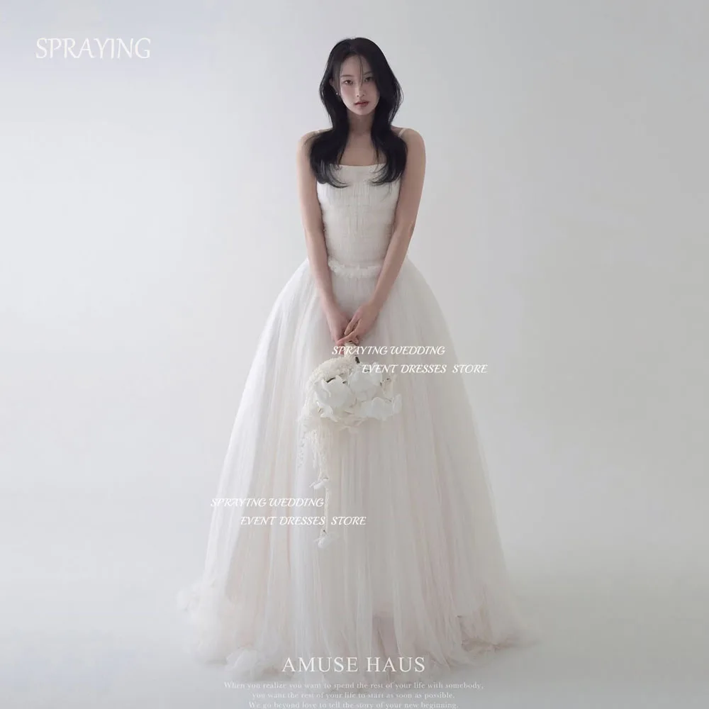

SPRAYING Simple Tulle Pleat Wedding Dress Korea Photo Shoot O Neck Strap Ivory Floor Length Bridal Gowns Customized 웨딩드레스