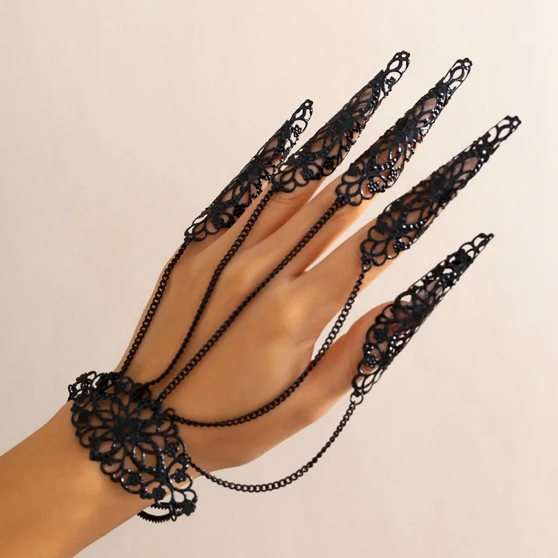 

Creative Exaggerated Dubai Indian Finger Wrist Chain Bracelets for Women Punk Nail Rings With Bracelet Y2K Jewelry Steampunk New