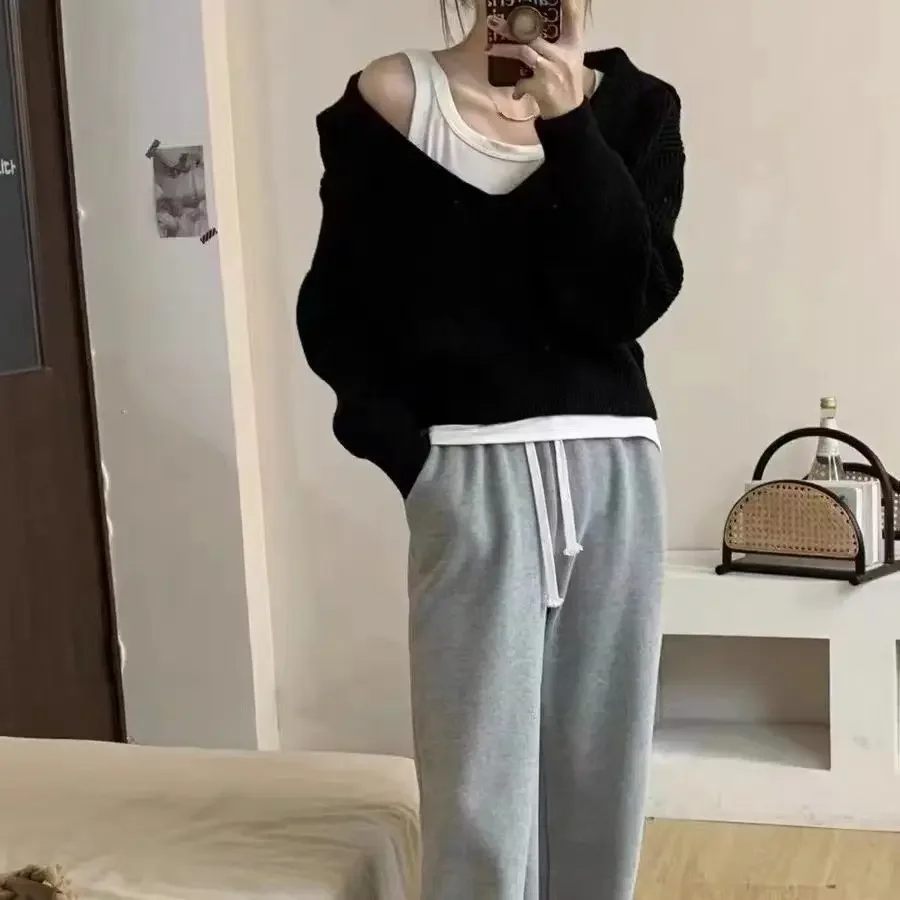 Spring Autumn Women Fashion Short Sweater Pullover Vest Wide Leg Pants Sets Lady Falls New Casual Knitted Tops Trousers Outfits