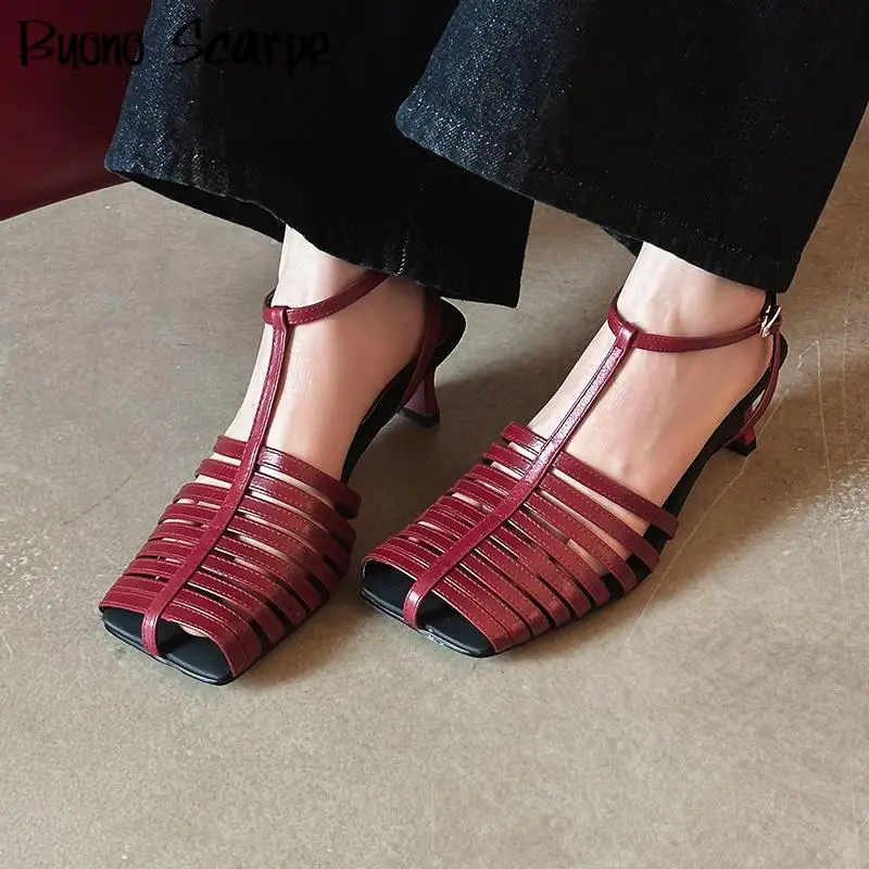 

2025 Luxury Designer Genuine Leather Square Toe High Heels Ankle Strap Women Sandals Solid Color New Fashion Western Sexy Shoes