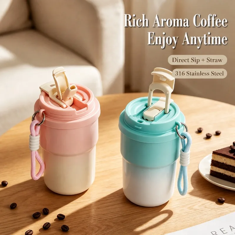 New‑arrival Premium 316 Stainless Steel Vacuum Tumbler with Carrying Lanyard Dual‑use One‑lid Design Portable Travel Coffee Mug