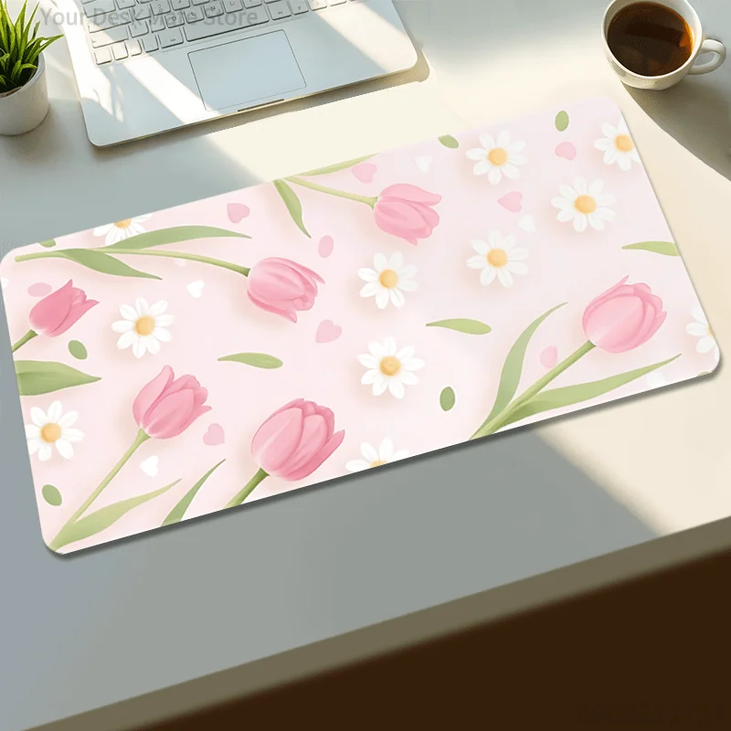 Large Floral Pattern Desk Mat, Non‑Slip Rubber Base Keyboard Mouse Pad, Office Desktop Protector for Laptop PC Gaming Work Decor