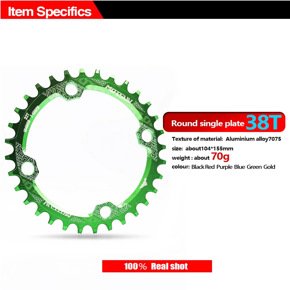 MOTSUV 104BCD Narrow Wide 38T 36T 34T 32T Bicycle Chainring,BCD 104 with 4 Bike Steel Screws, Single 12 11 10 9 8 Speed,Plato MT