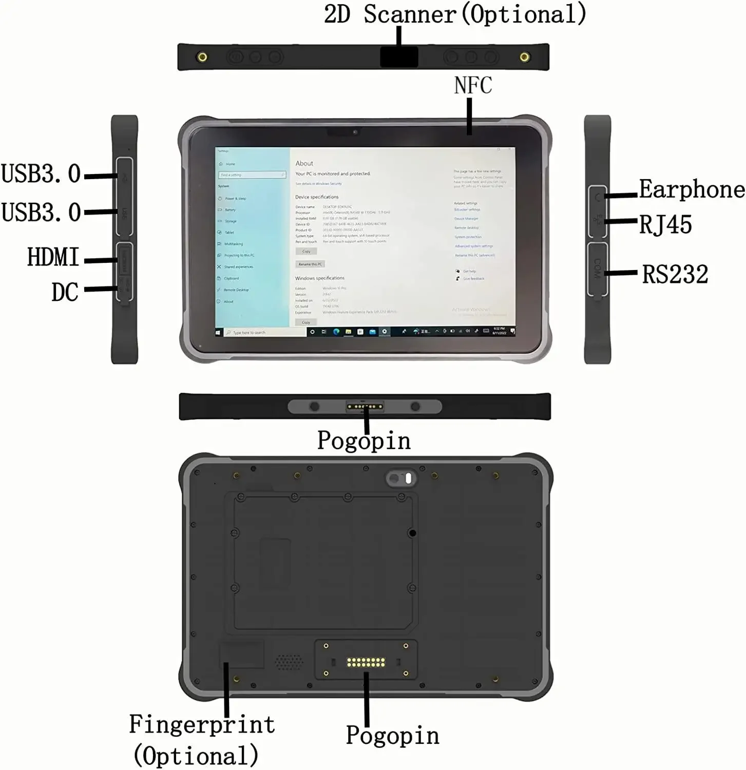 10-Inch 1920*1200 1000 nits Windows Rugged Tablet Intel N5100 Processor 8GB RAM 256G SSD Industrial tablet