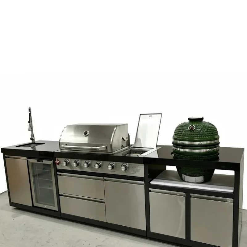 All-in-One Outdoor Kitchen BBQ Gas Grill with Sink and Kamado 304 Stainless Steel Patio Garden Modular Cooking Station CE