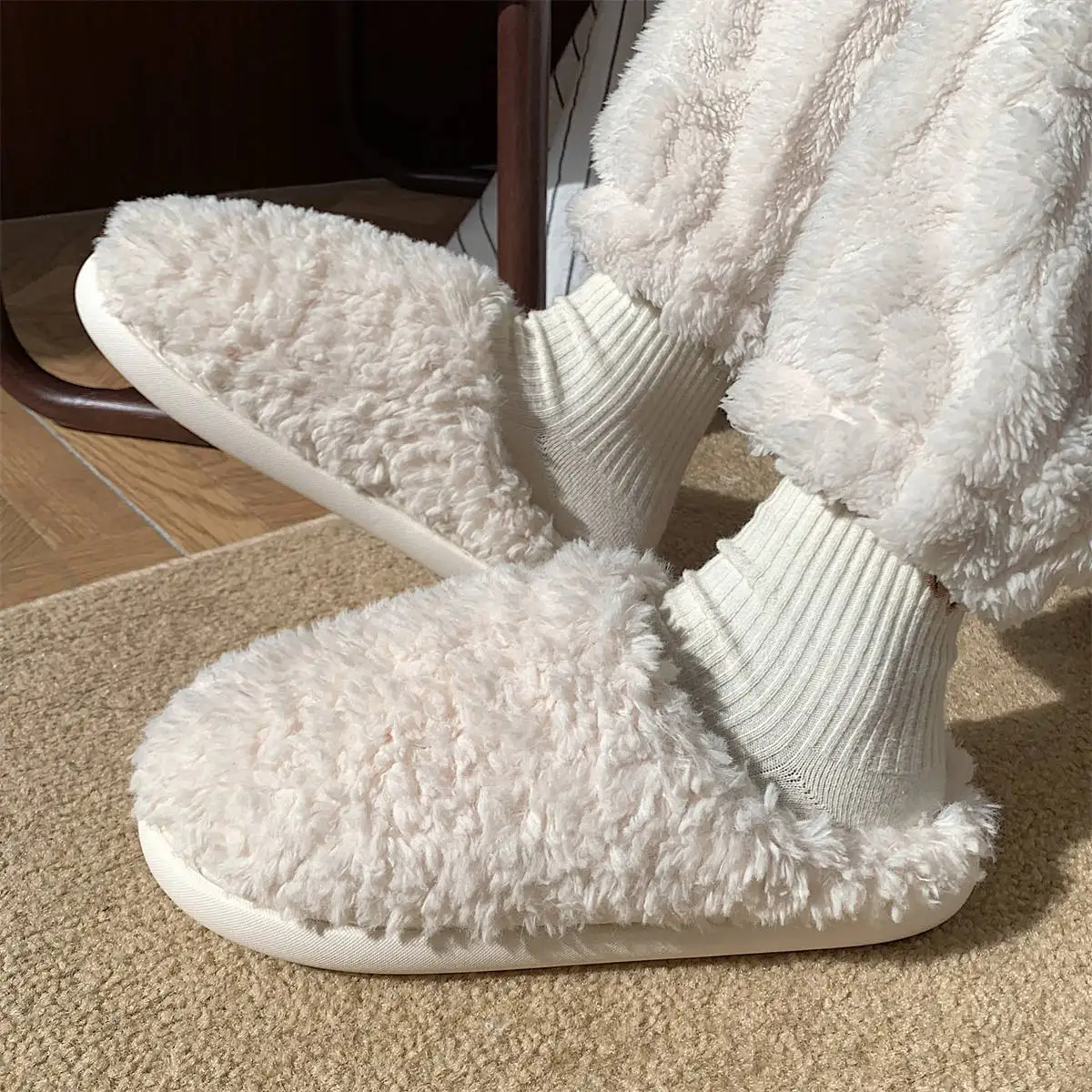 Japanese Simple Solid Color Home Slippers For Women Girls Cute Fluffy Winter Warm Indoor Bedroom Slides Female Furry Shoes