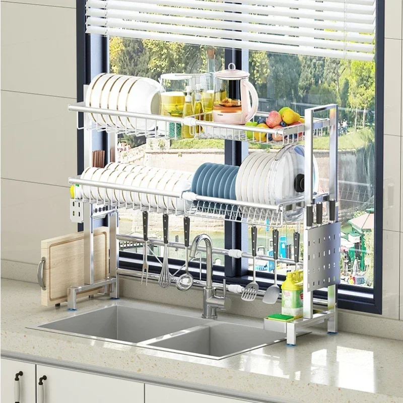 

Adjustable Stainless Steel Dish DrainerKitchen Telescopic Sink Storage Rack with Drainage Plus High Rim Cutlery Holder