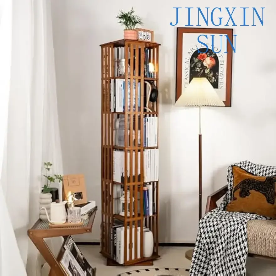 Nordic Minimalist Wooden Bookshelf Tower, 360 Display Spinning, Narrow Organizer, Bamboo Floor Standing Storage Rack