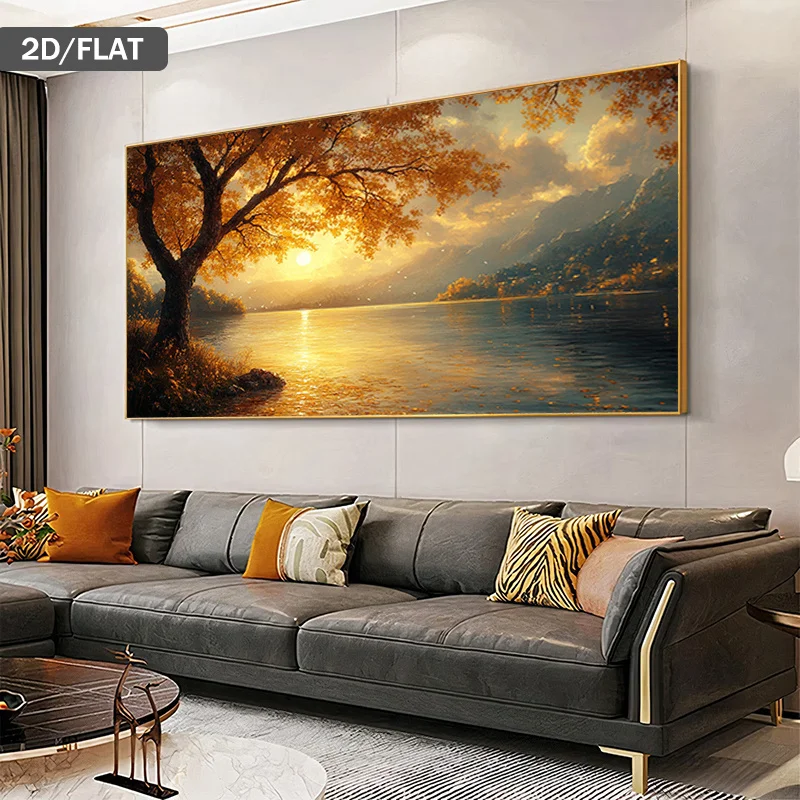 

2D Flat 1pc Modern Golden Sunset Lake Canvas Wall Art Painting, Frameless Abstract Canvas Prints for Living Room, Bedroom Decor